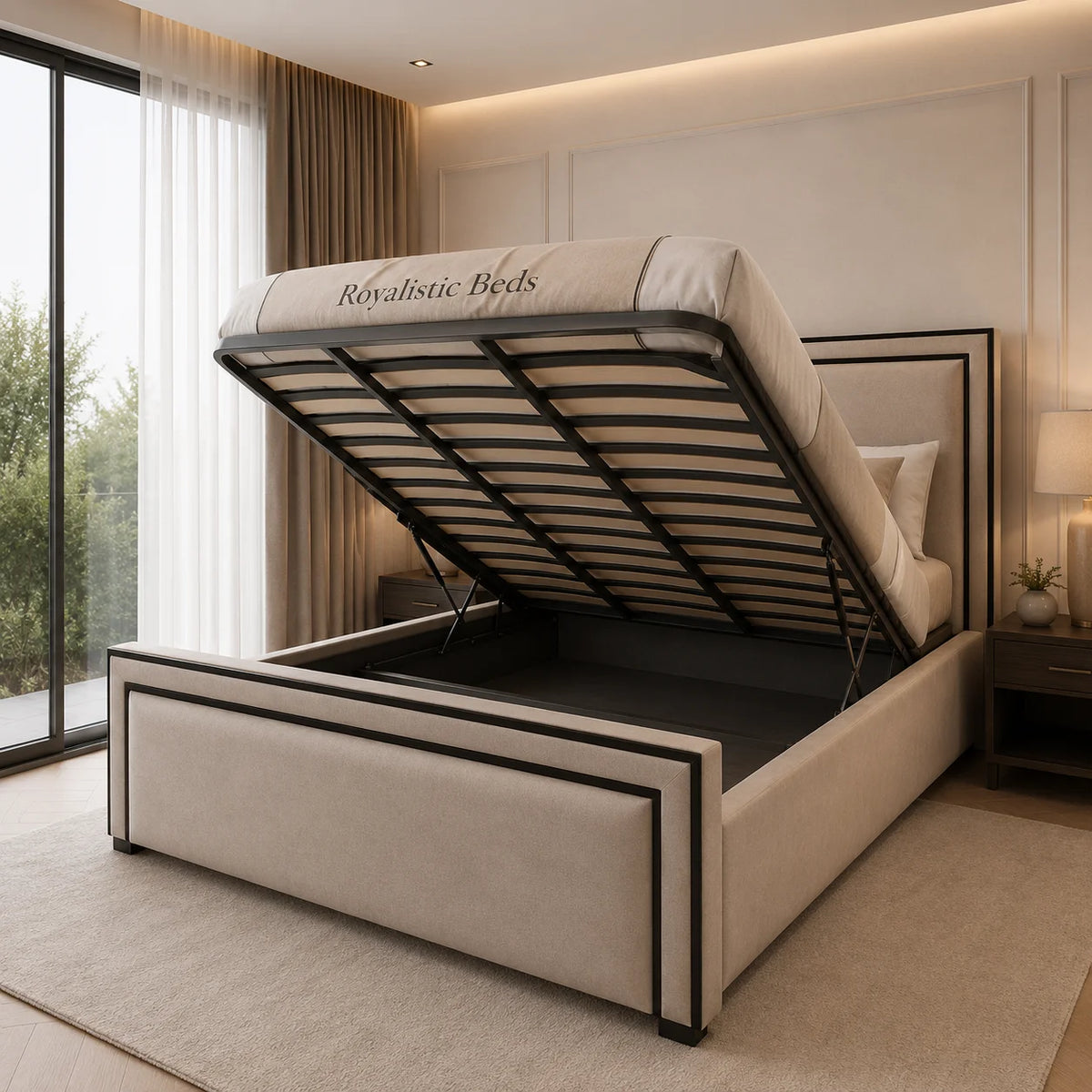 2026 Ibiza Linear Upholstered Bed with black Lining slatted