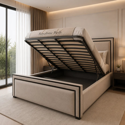 2026 Ibiza Linear Upholstered Bed with black Lining slatted