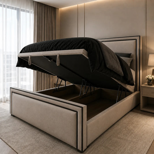 2026 Ibiza Linear Upholstered Bed with black Lining